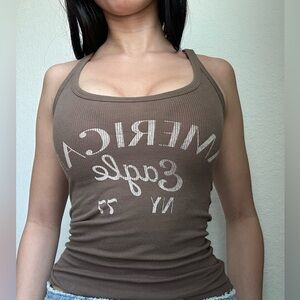 Brown Ribbed Graphic Tank Top - American Eagle